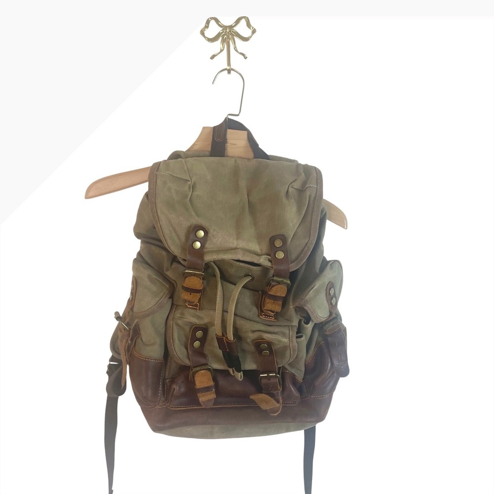 Vintage Canvas Leather Rucksack Backpack Olive Green Brown Travel Bag
